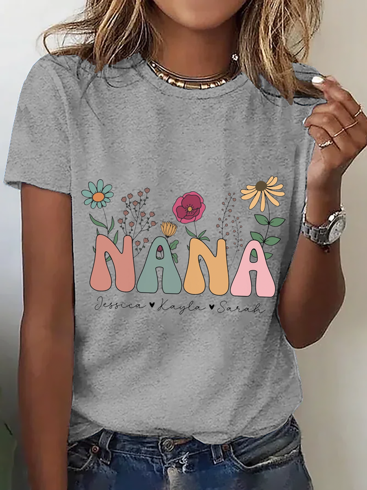 Personalized Nana Wildflowers Crew Neck Casual T-Shirt
