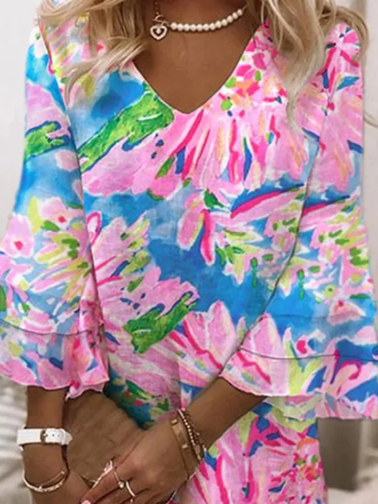 Floral Casual V Neck Dress With No