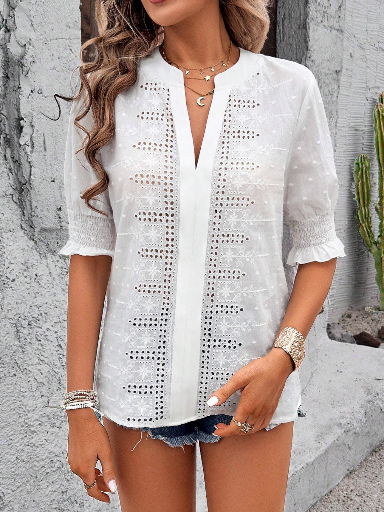 Scramble Embroidery Lace Casual Loose Shirt