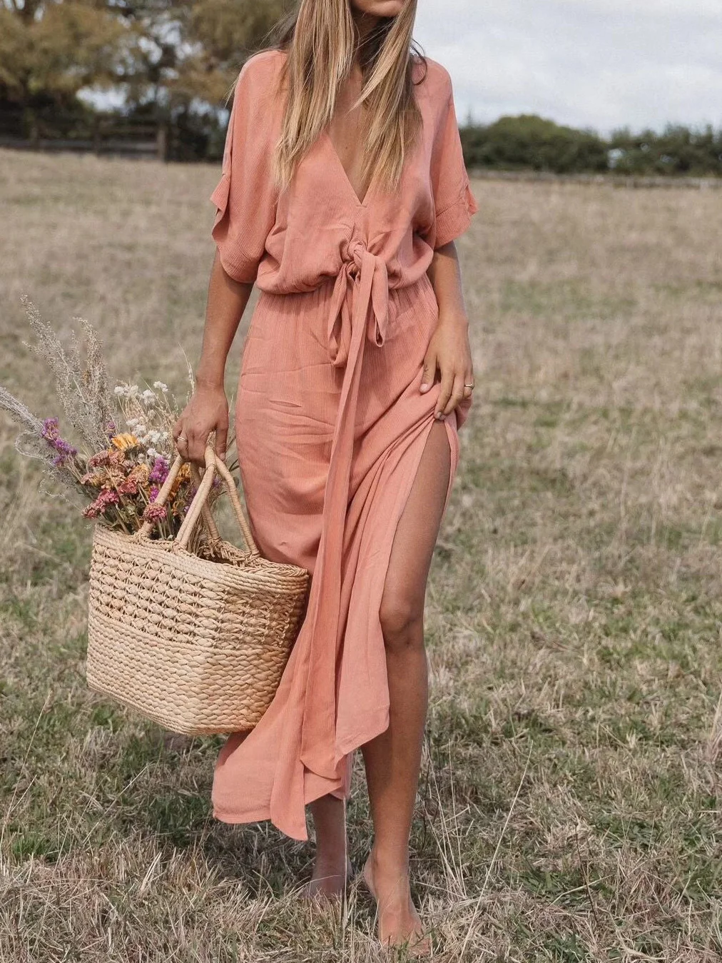 Boho Knot Front V Neck Dress