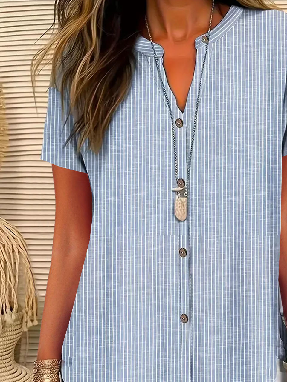 Striped Stand Collar Loose Casual Blouse