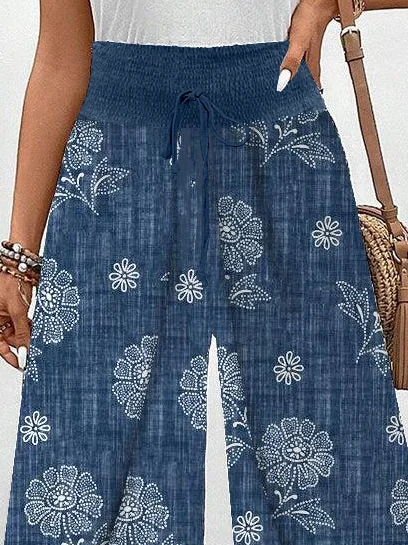 Floral Casual Loose Pocket Stitching Pants
