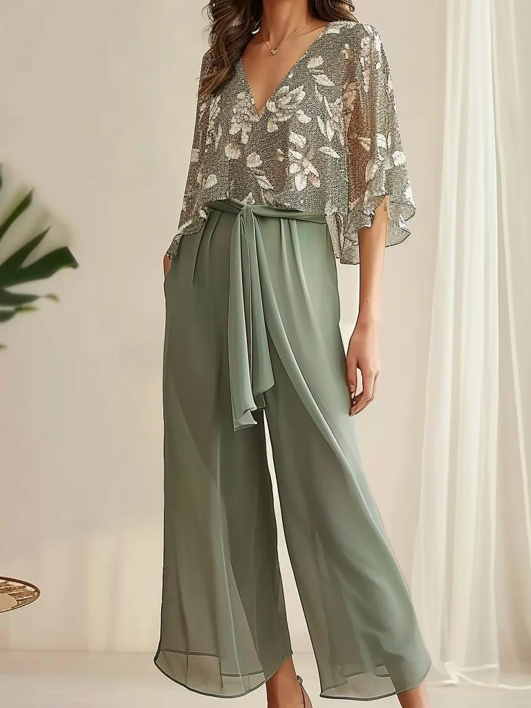 Women's Lace-up Floral Holiday Chiffon Going Out Two-Piece Set Casual Summer Top With Pants Matching Set