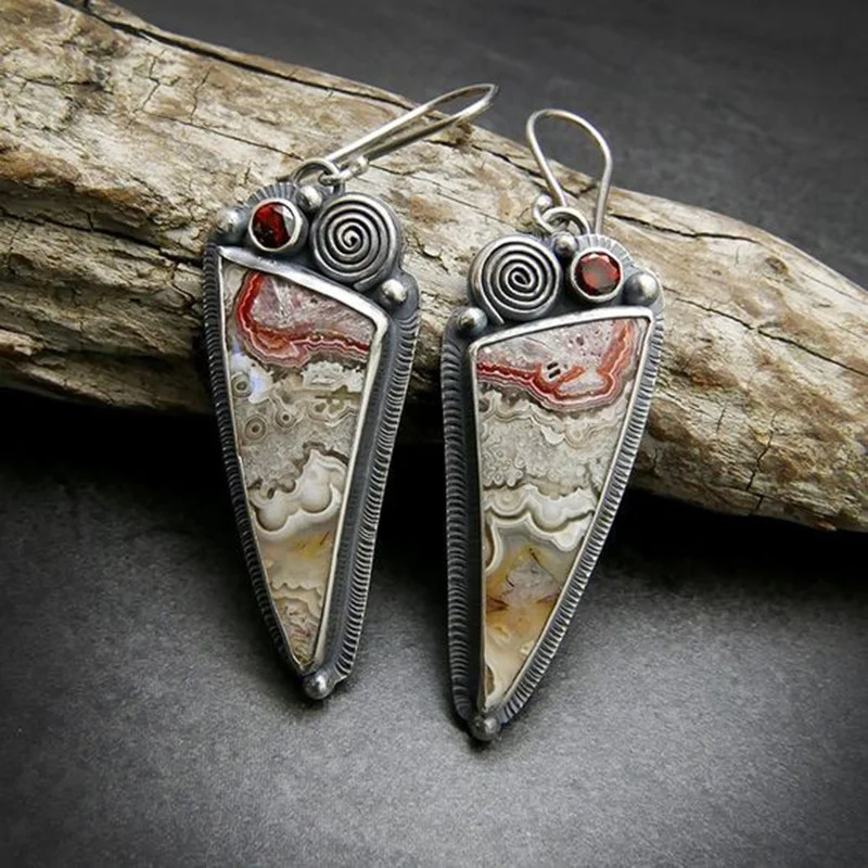 Ethnic style abstract pattern enamel earrings retro creative spiral design inlaid red diamond drop earrings for women