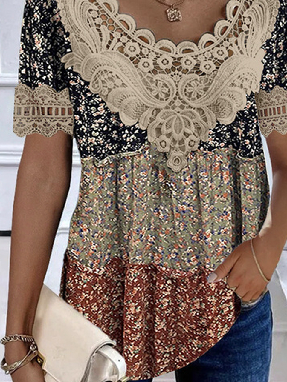 Disty Floral V Neck Lace Casual Shirt