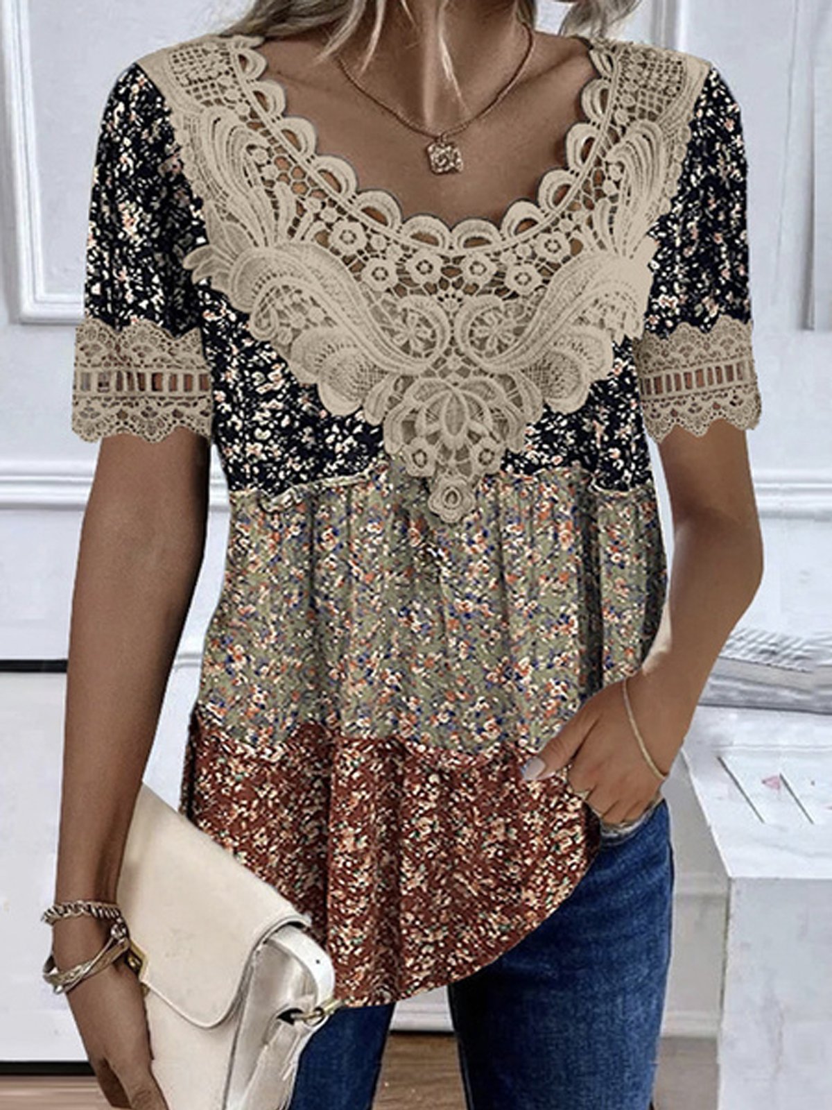 Disty Floral V Neck Lace Casual Shirt