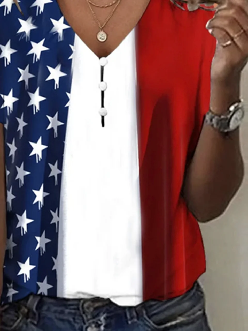 V Neck Casual America Flag T-Shirt
