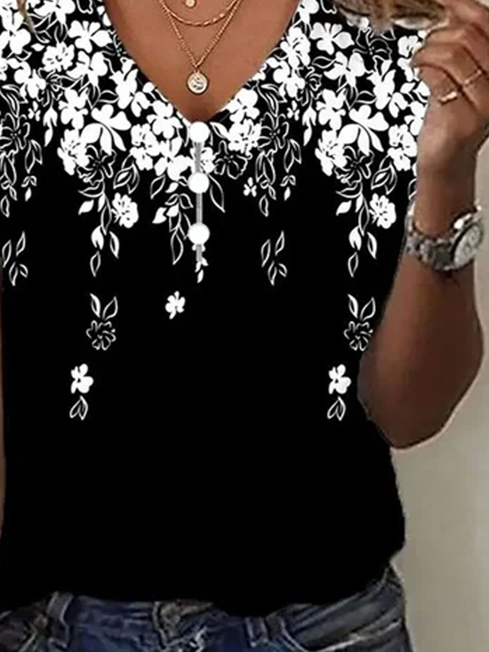Plus size Casual Buckle Floral Loose T-Shirt