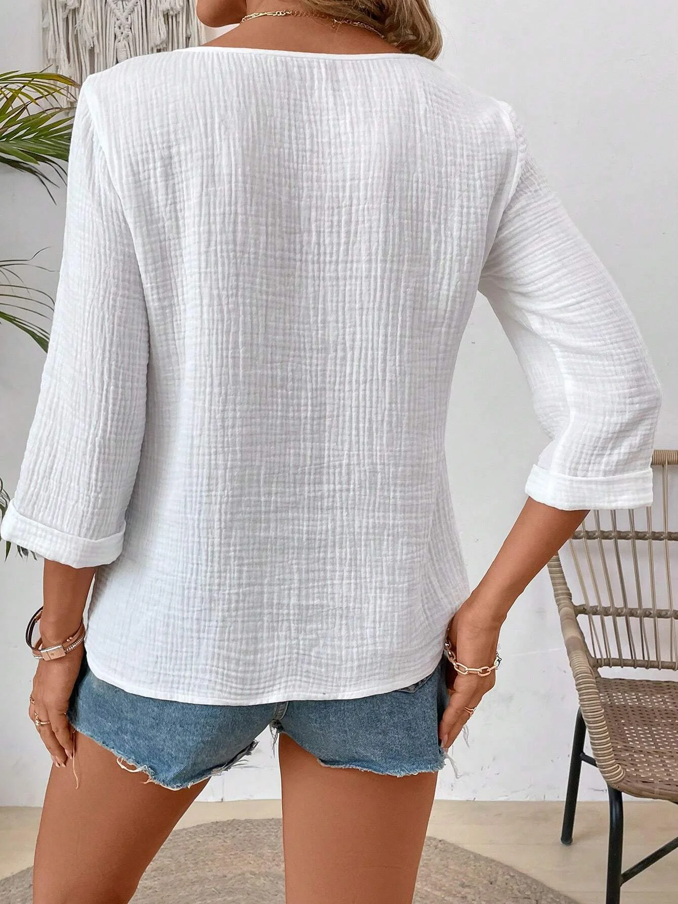 Women's 3/4 Sleeve Summer Blouse Plain Cotton Square Neck Notched Daily Going Out Simple Top Spring/Fall White