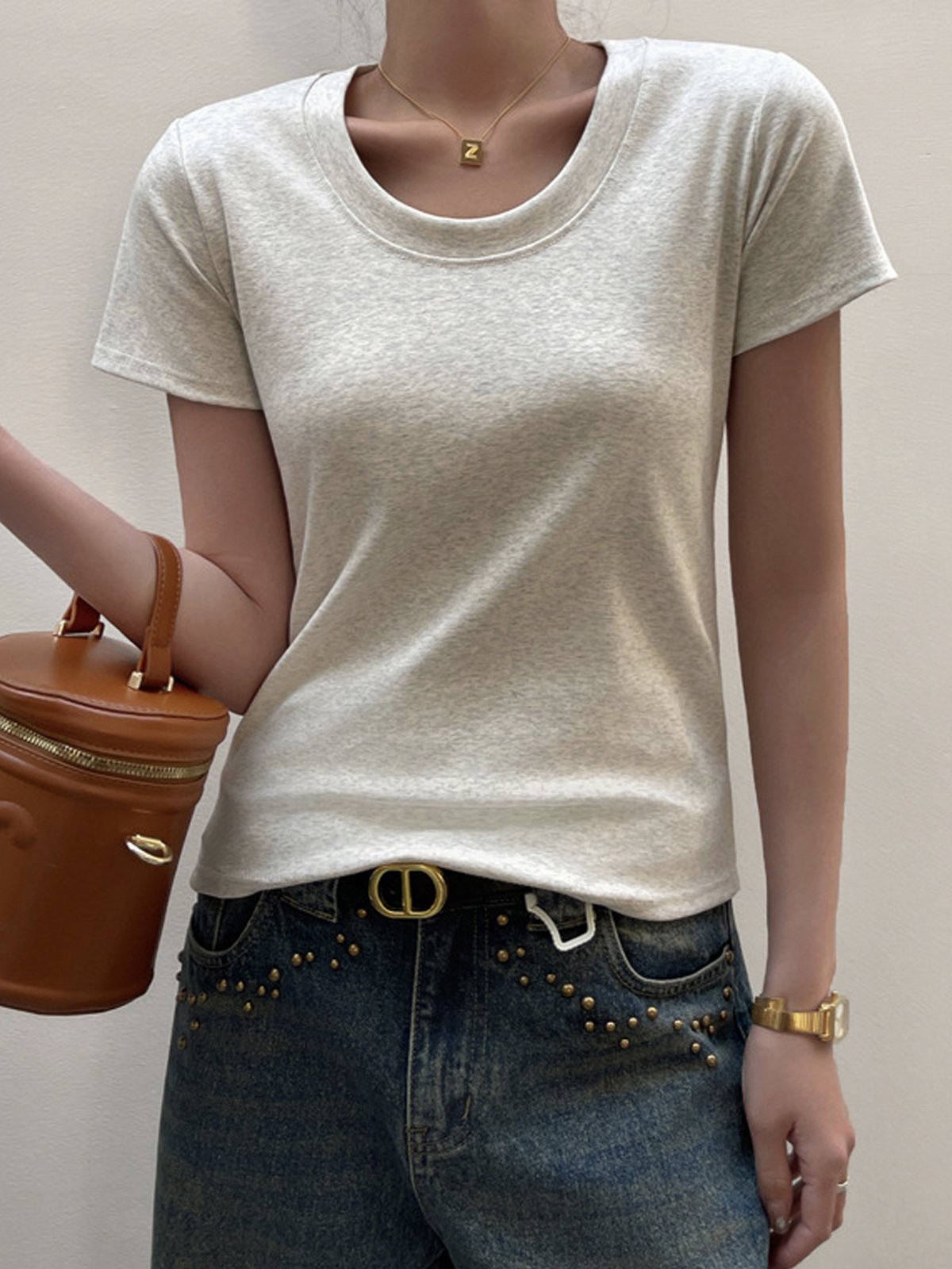 Casual Loose Cotton-Blend Plain T-Shirt