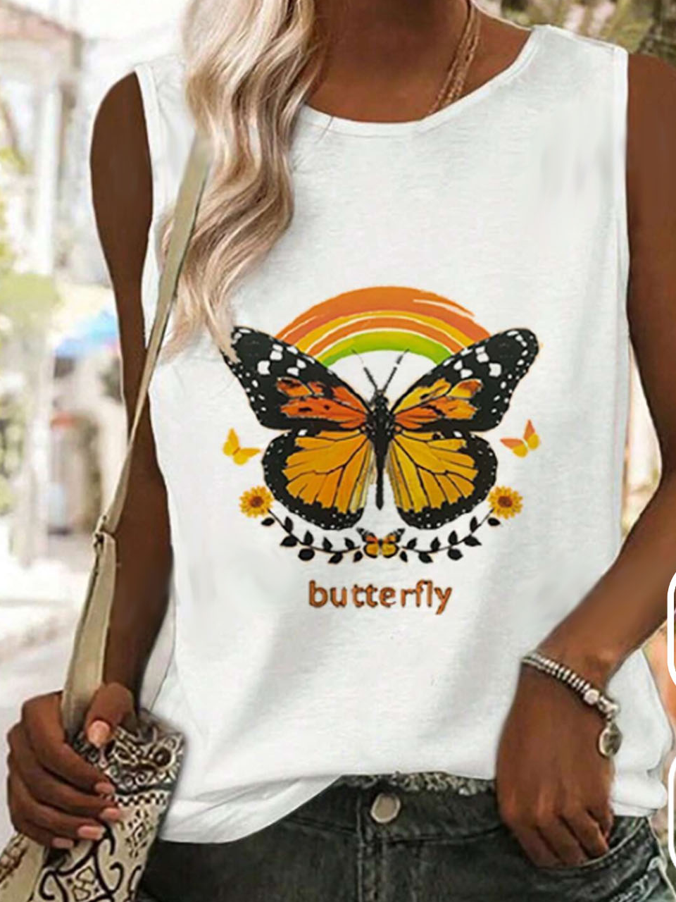 Casual Cotton Butterfly Crew Neck Tank Top