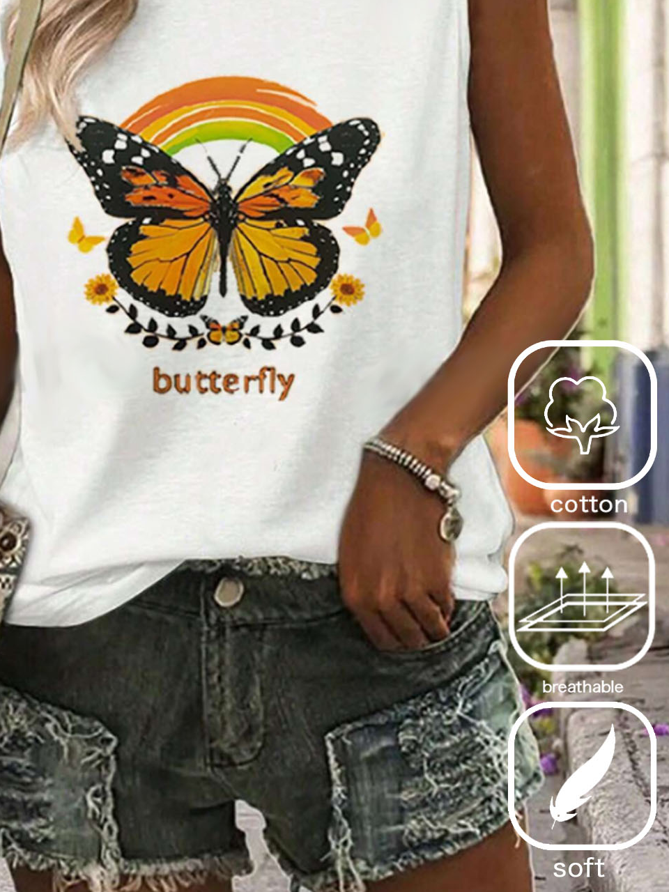 Casual Cotton Butterfly Crew Neck Tank Top