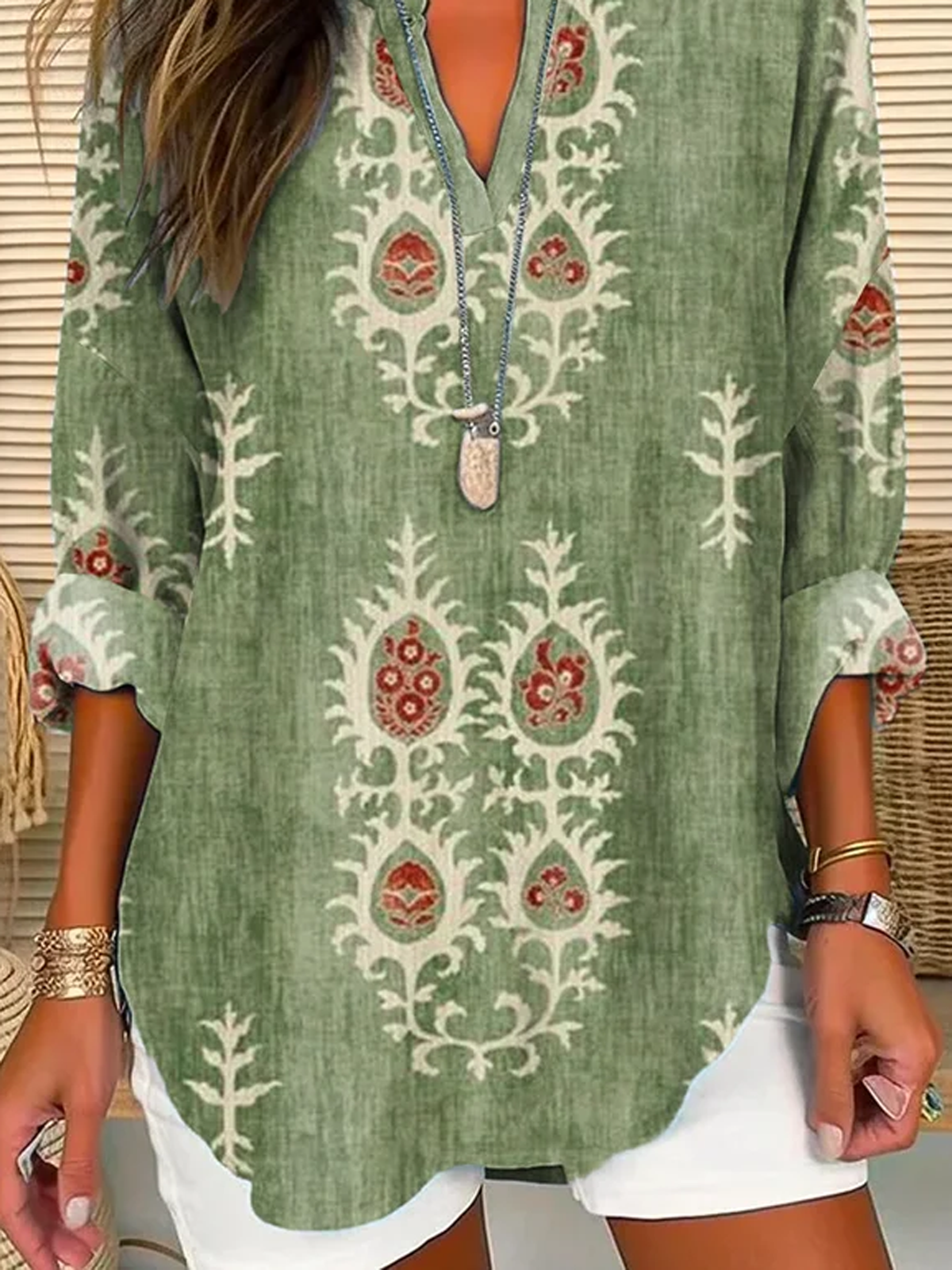 Casual Ethnic Notched Loose Shirt