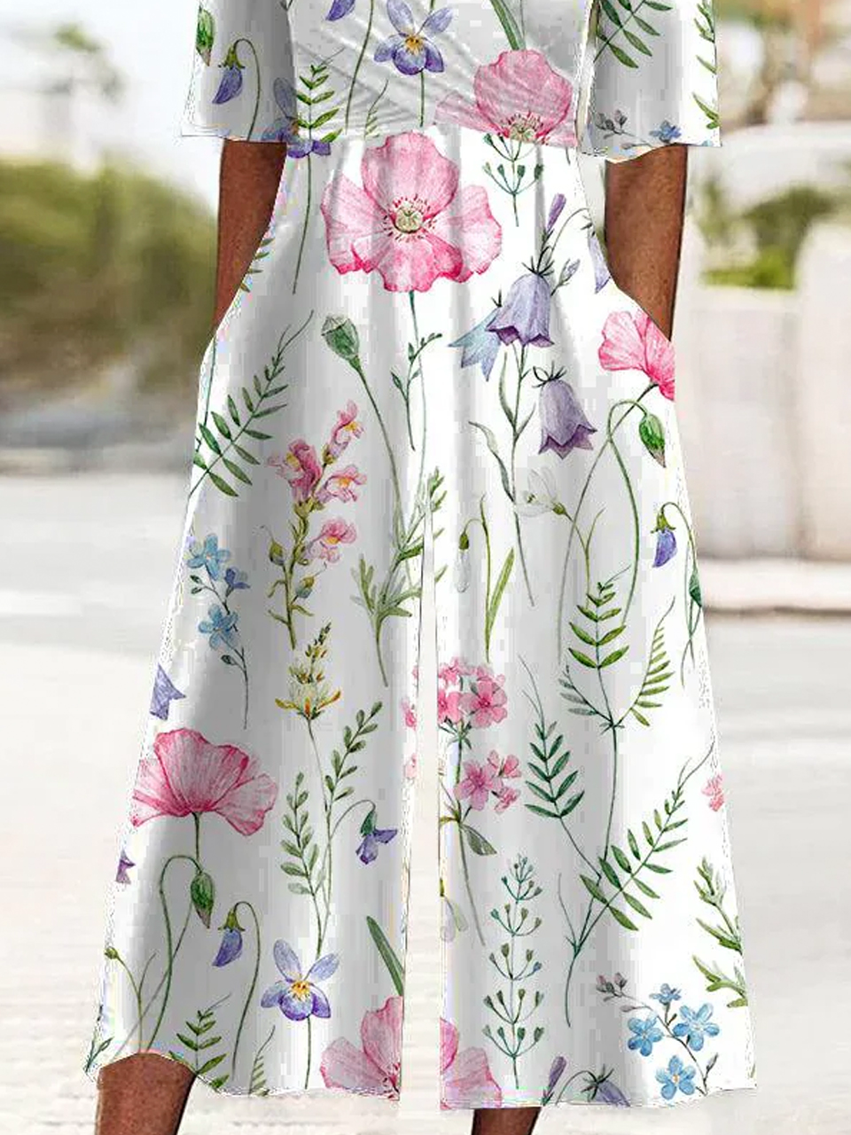 Knitted Floral V Neck Casual Jumpsuit With No Belt