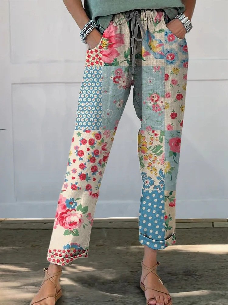 Loose Pocket Stitching Floral Casual Pants