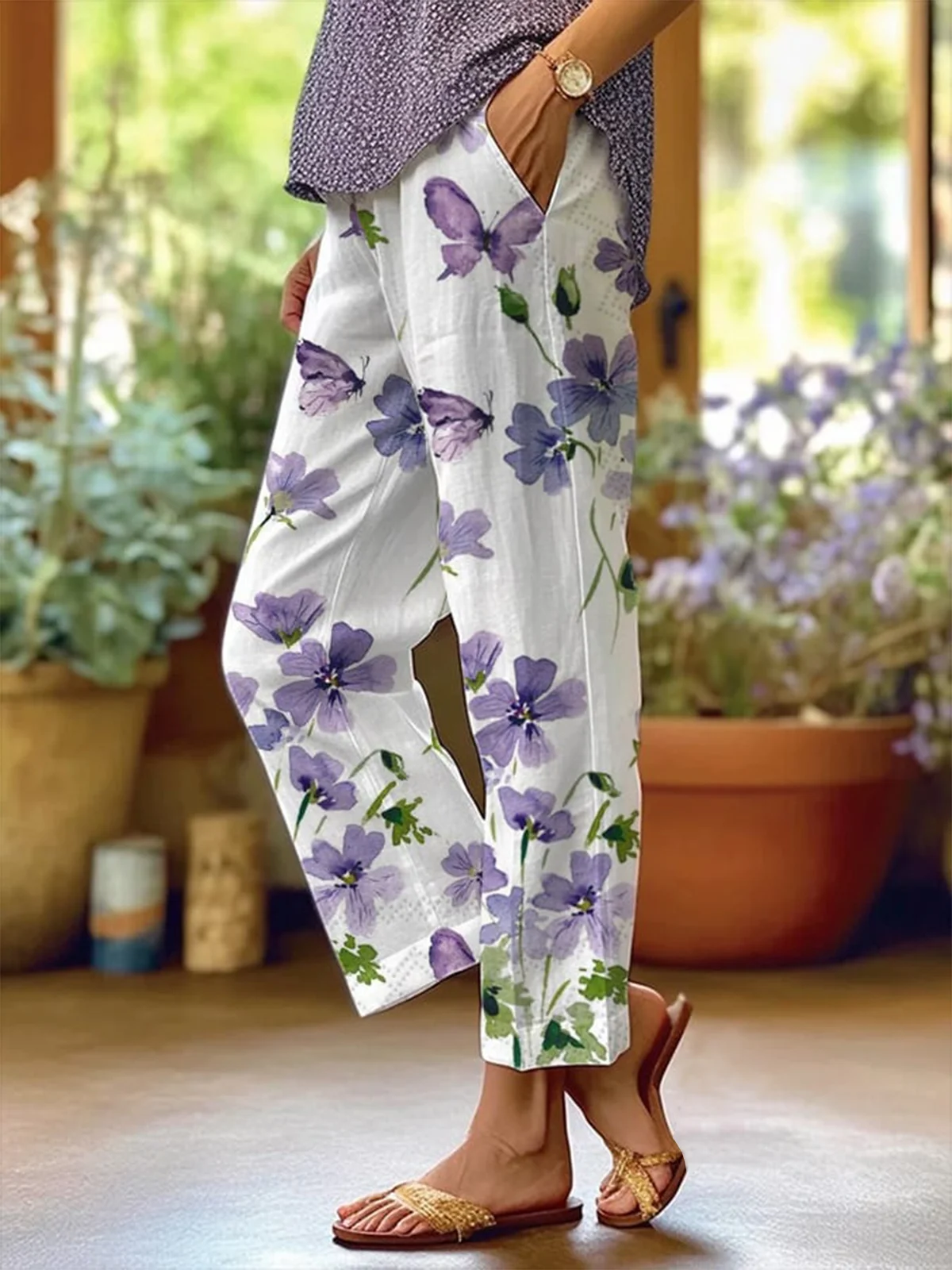 Women's  Elastic Band H-Line Straight Pants Going Out Casual Pocket Stitching Floral Summer Pant Blue Purple