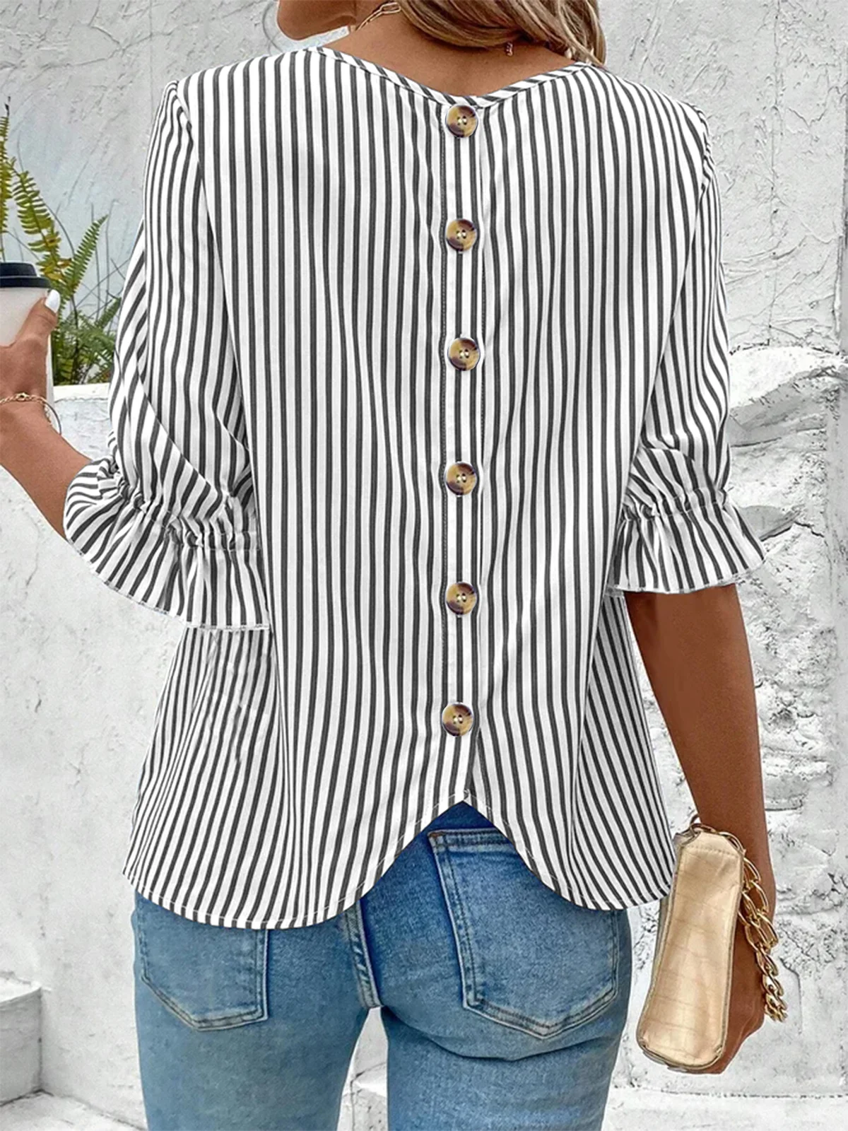 Striped Cotton Crew Neck Simple Loose Shirt