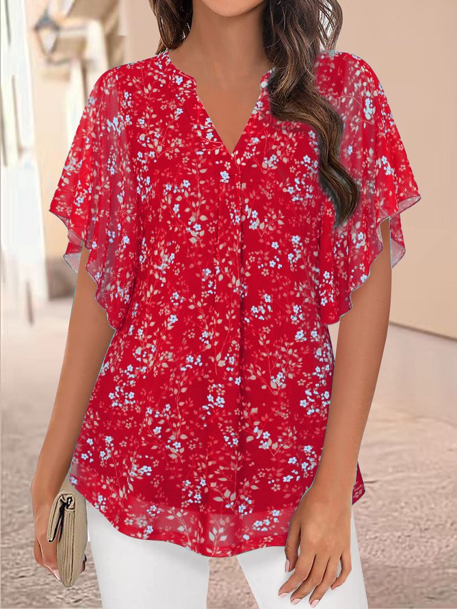 Casual V Neck Floral Loose Shirt