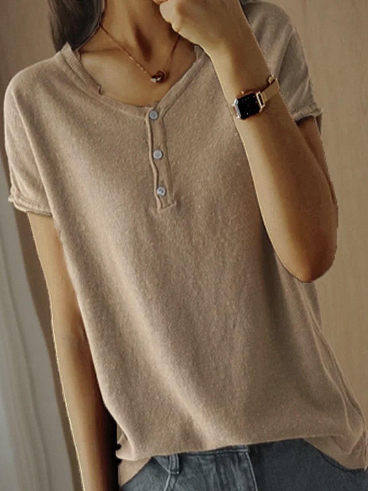 Buckle Loose Casual Plain T-Shirt