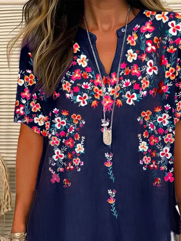 Casual Notched Loose Floral Shirt
