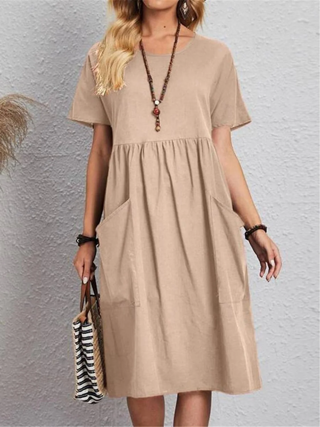 Casual Pocket Stitching Plain V Neck Dress