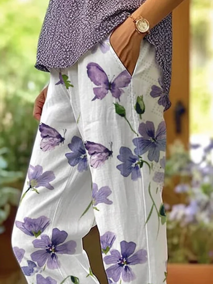 Women's  Elastic Band H-Line Straight Pants Going Out Casual Pocket Stitching Floral Summer Pant Blue Purple