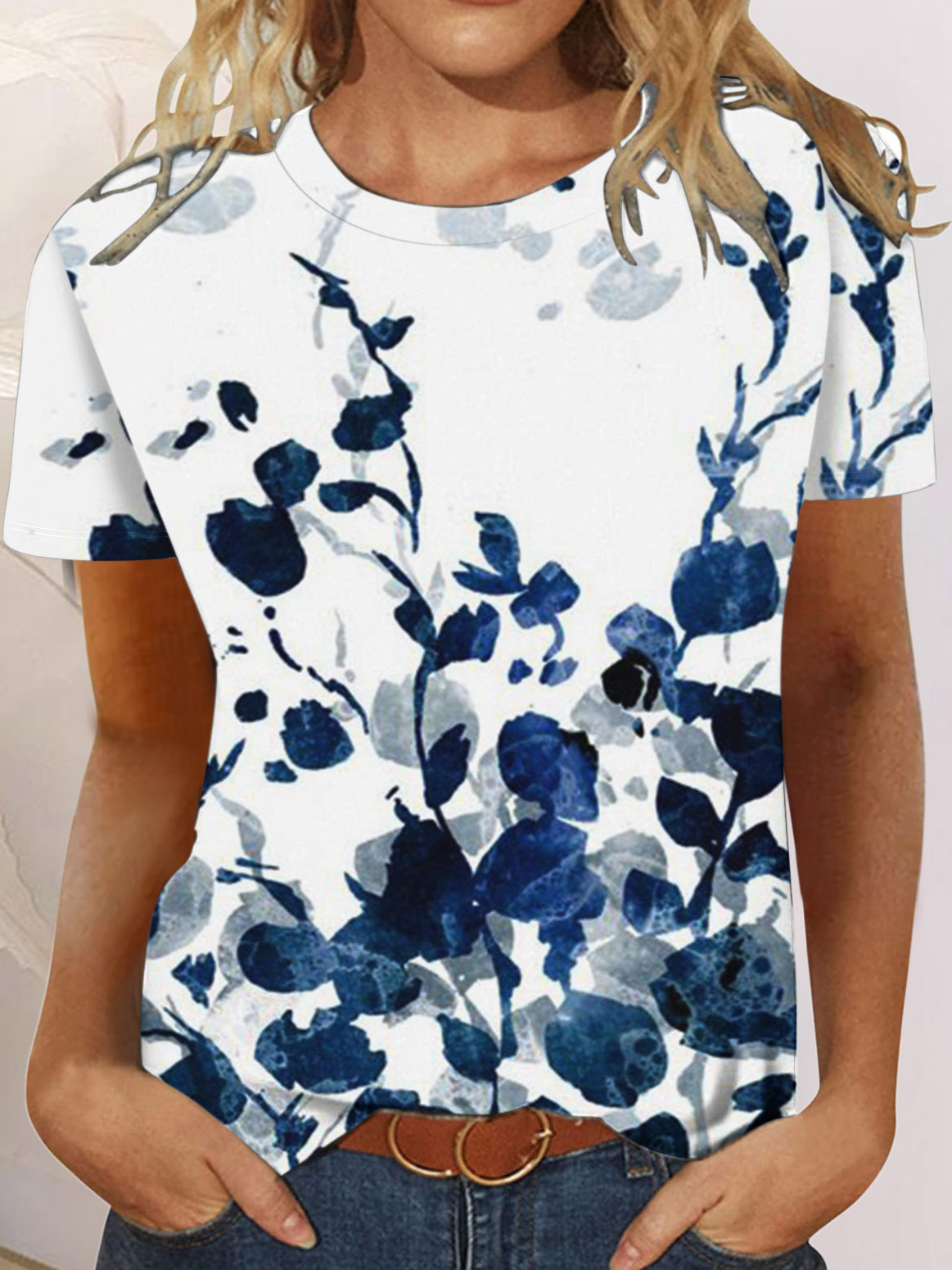 Crew Neck Floral Casual Jersey T-Shirt