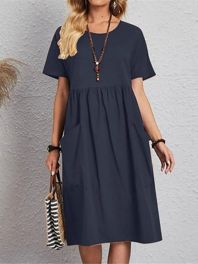 Casual Pocket Stitching Plain V Neck Dress