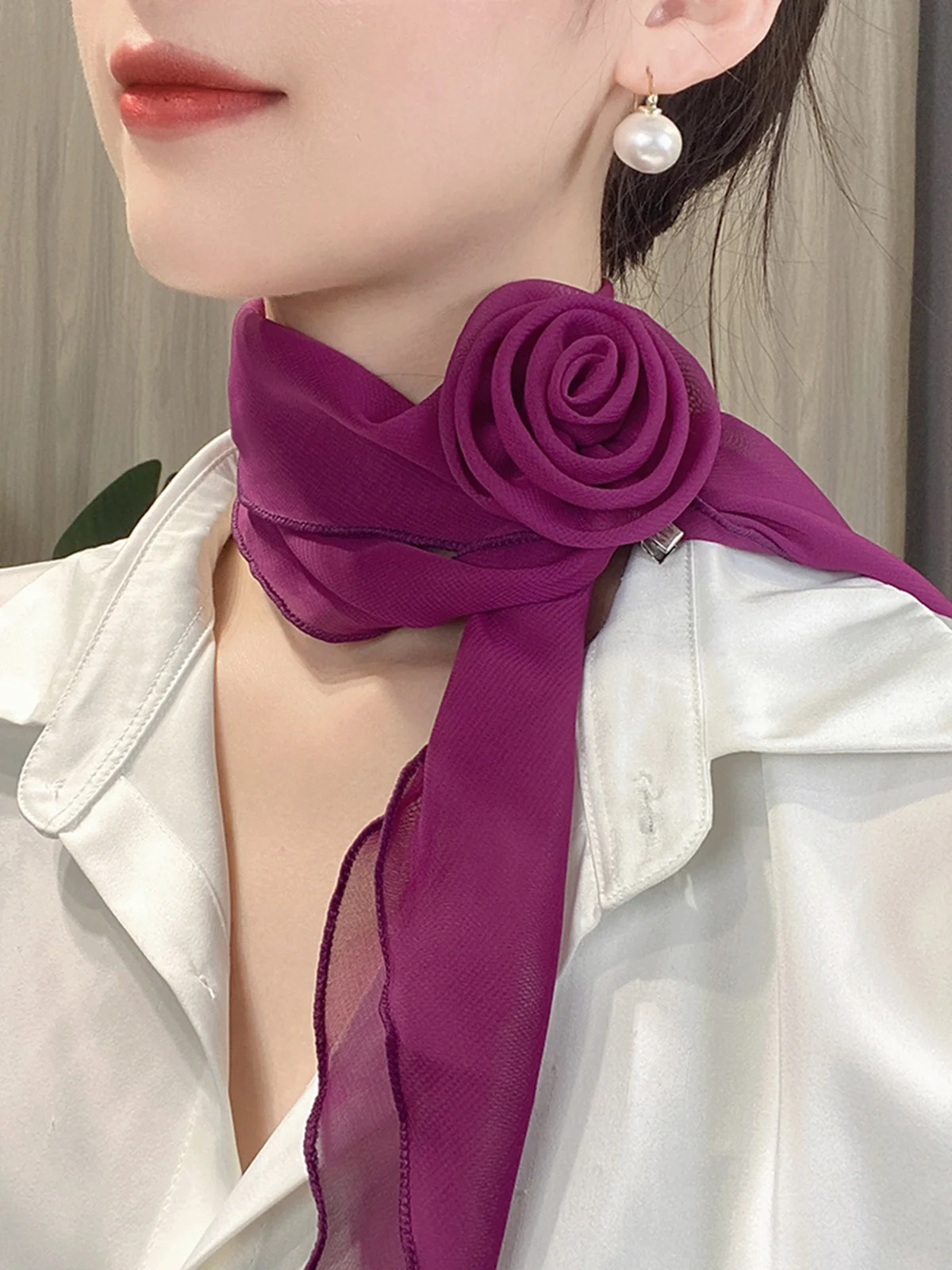 Elegant Rose Applique Satin Scarf