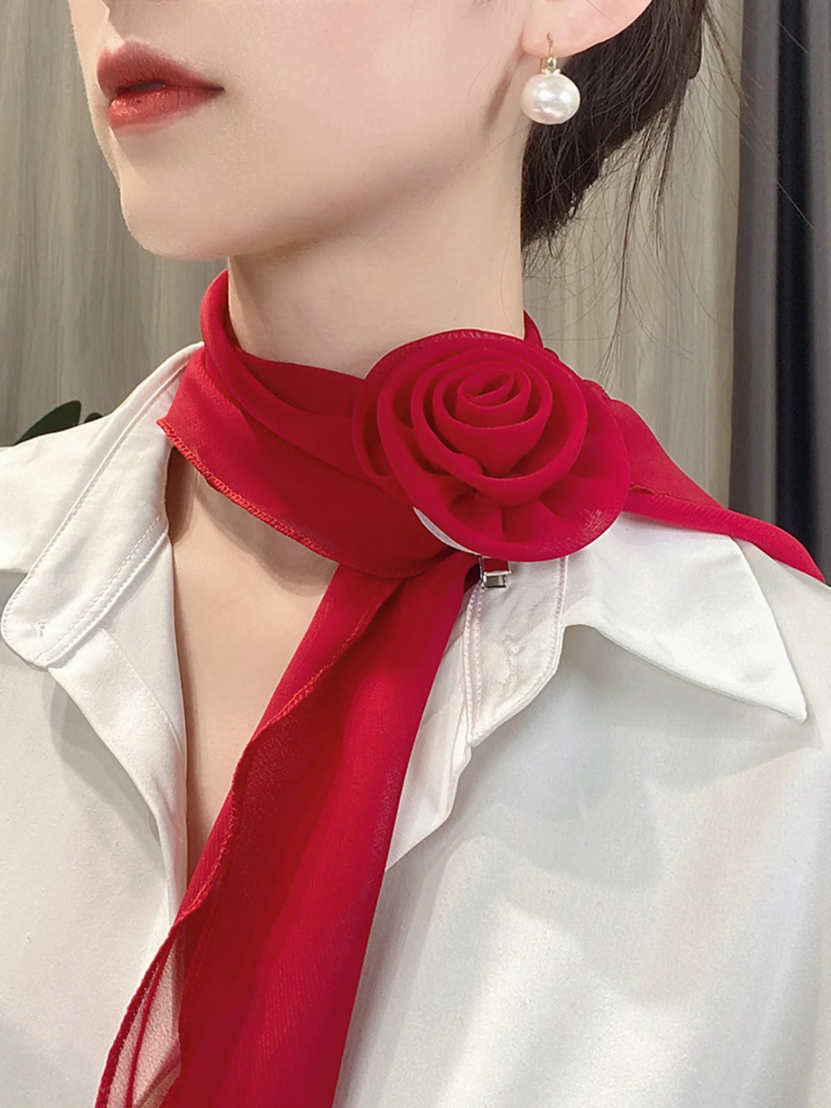 Elegant Rose Applique Satin Scarf