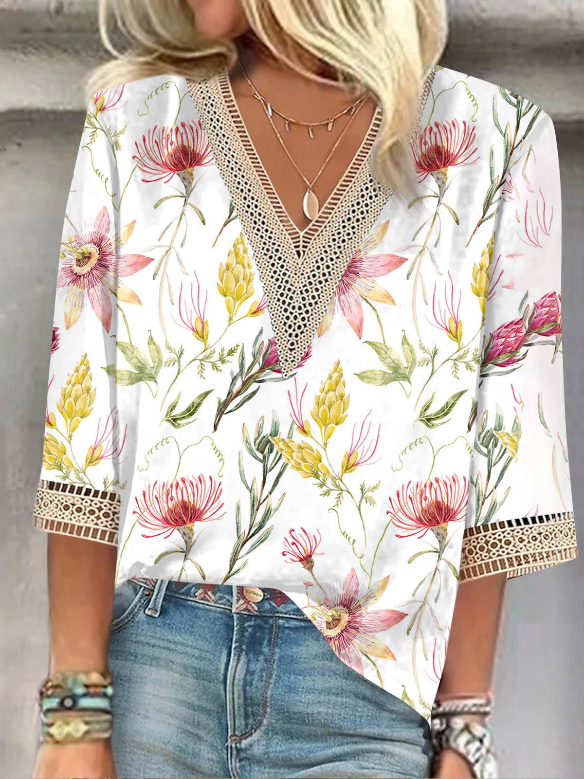 Floral Casual V Neck Lace Edge Shirt