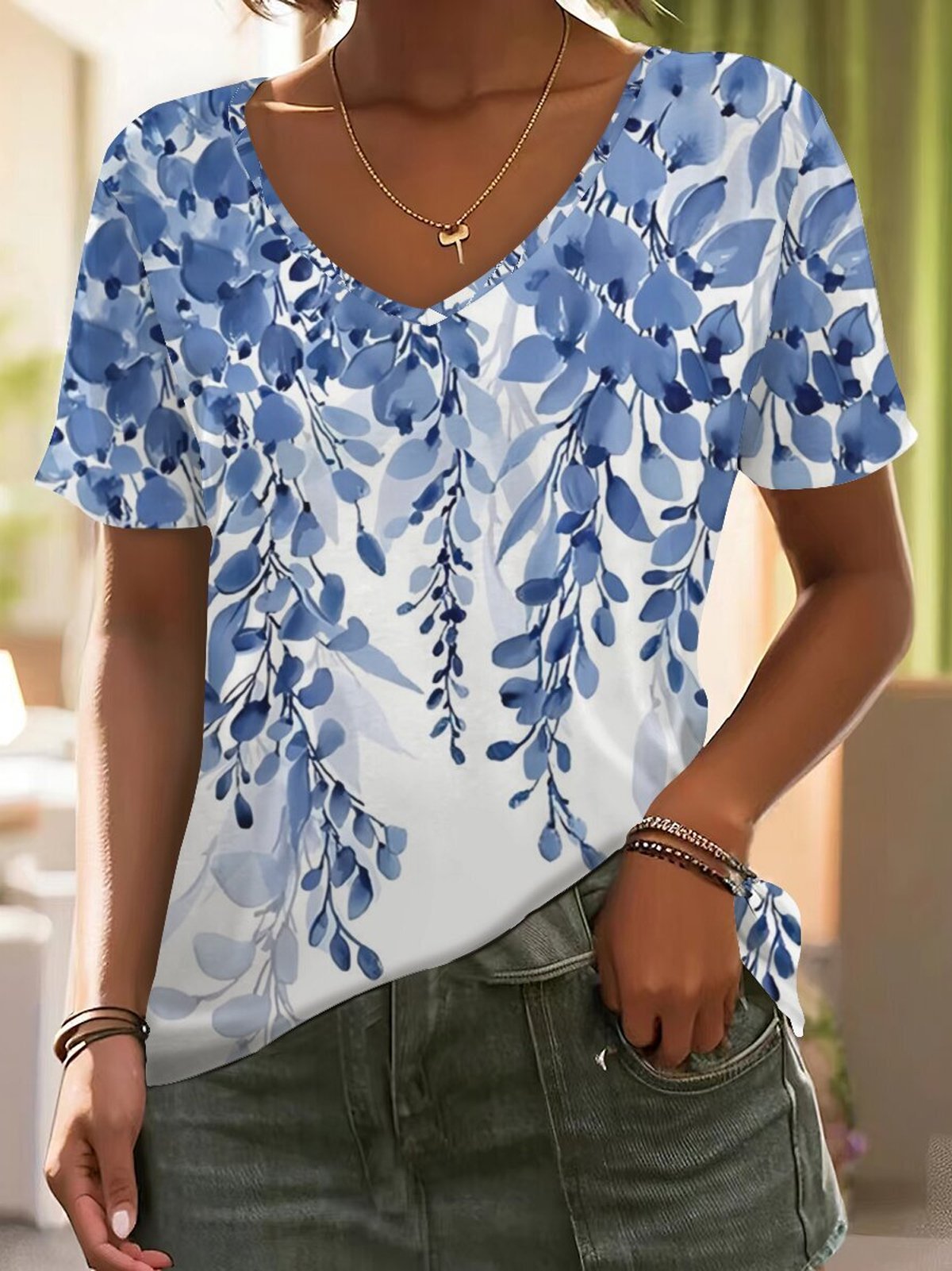 V Neck Geometric Casual T-Shirt