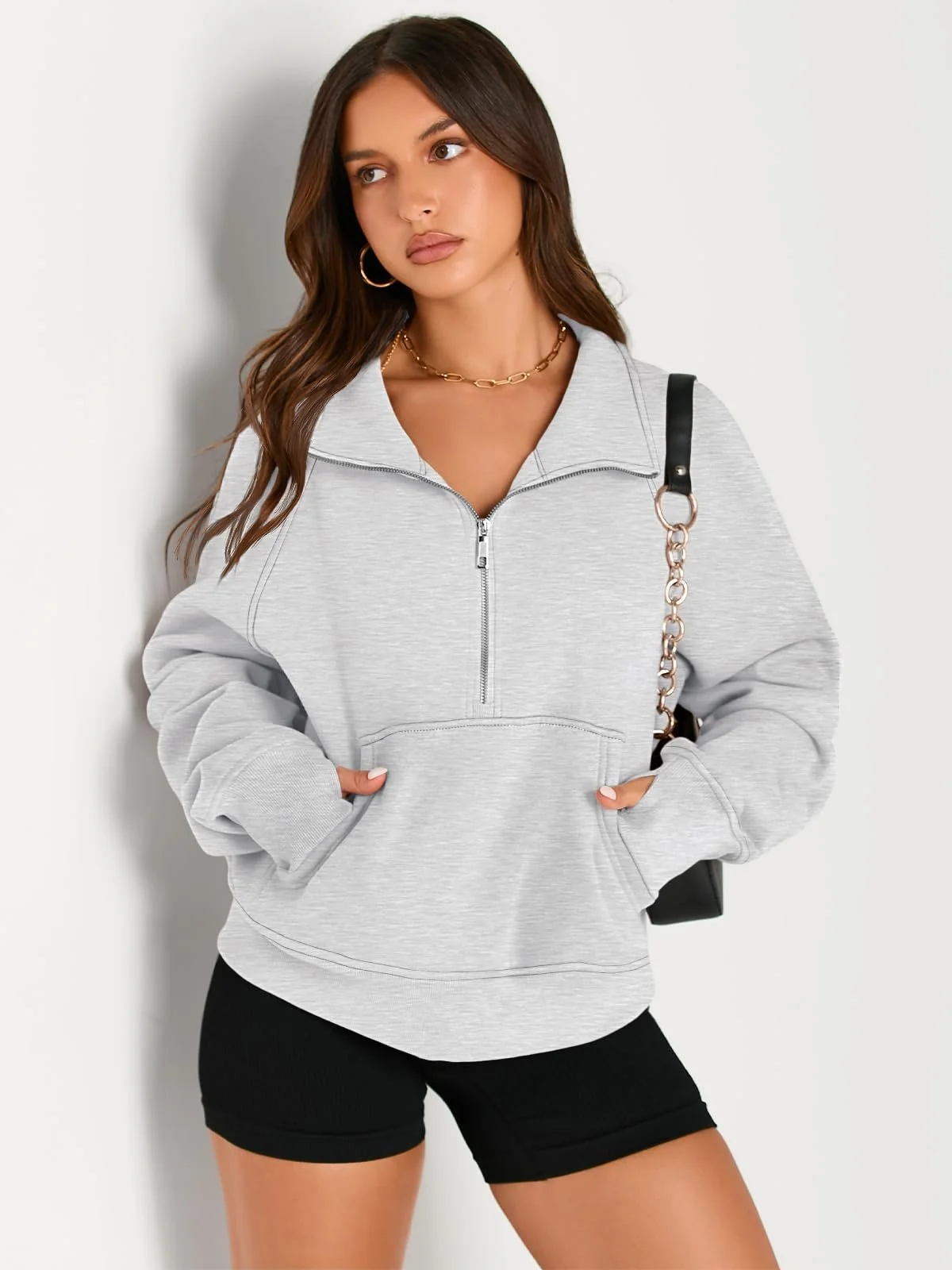 Womens Sweatshirts Half Zip Cropped Pullover Fleece Quarter Zipper Hoodies Fall outfits Clothes Thumb Hole