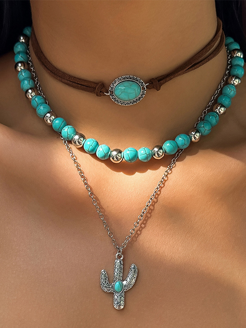 European and American cross-border jewelry, retro imitation turquoise clavicle chain, niche beaded necklace set, ethnic style cactus necklace