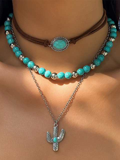 European and American cross-border jewelry, retro imitation turquoise clavicle chain, niche beaded necklace set, ethnic style cactus necklace