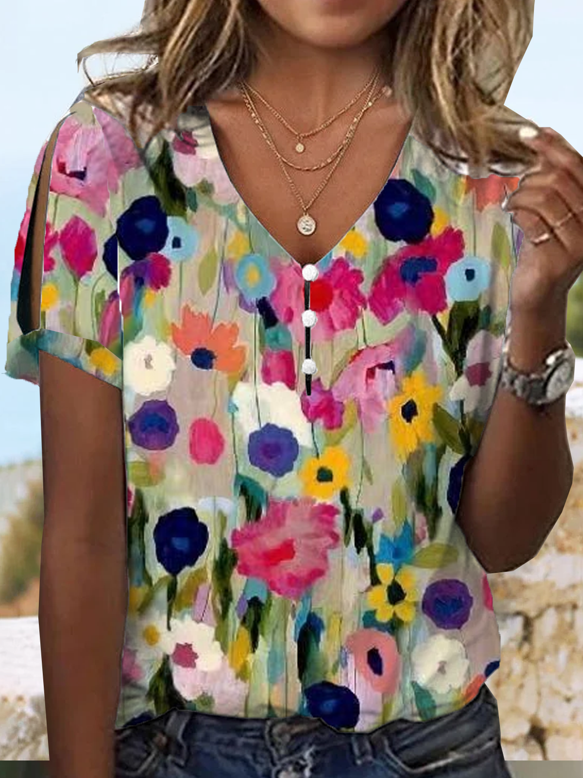 Casual V Neck Floral T-Shirt