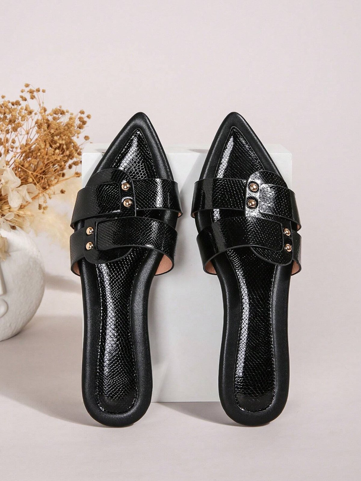 Black-white Color Block Weave Rivet Embossed Slide Sandals