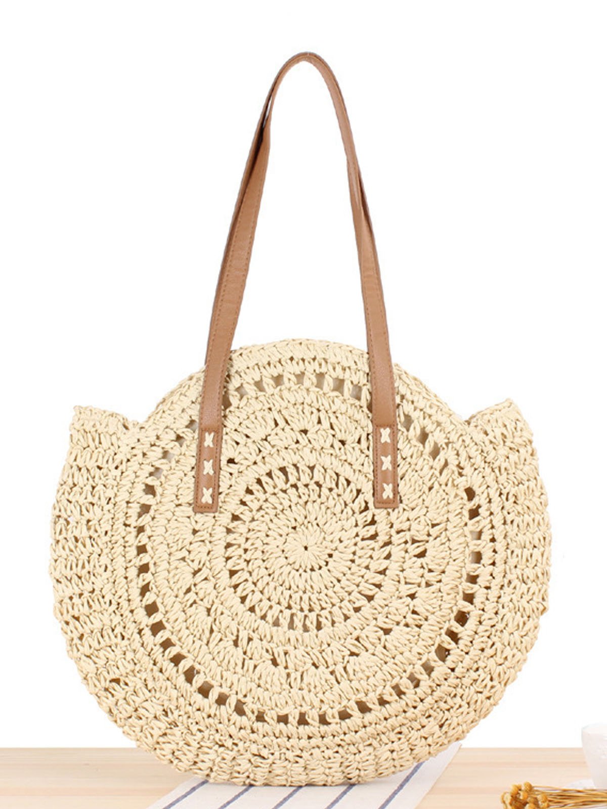 Summer Hollow Design Round Woven Women's Shoulder Straw Beach Bag