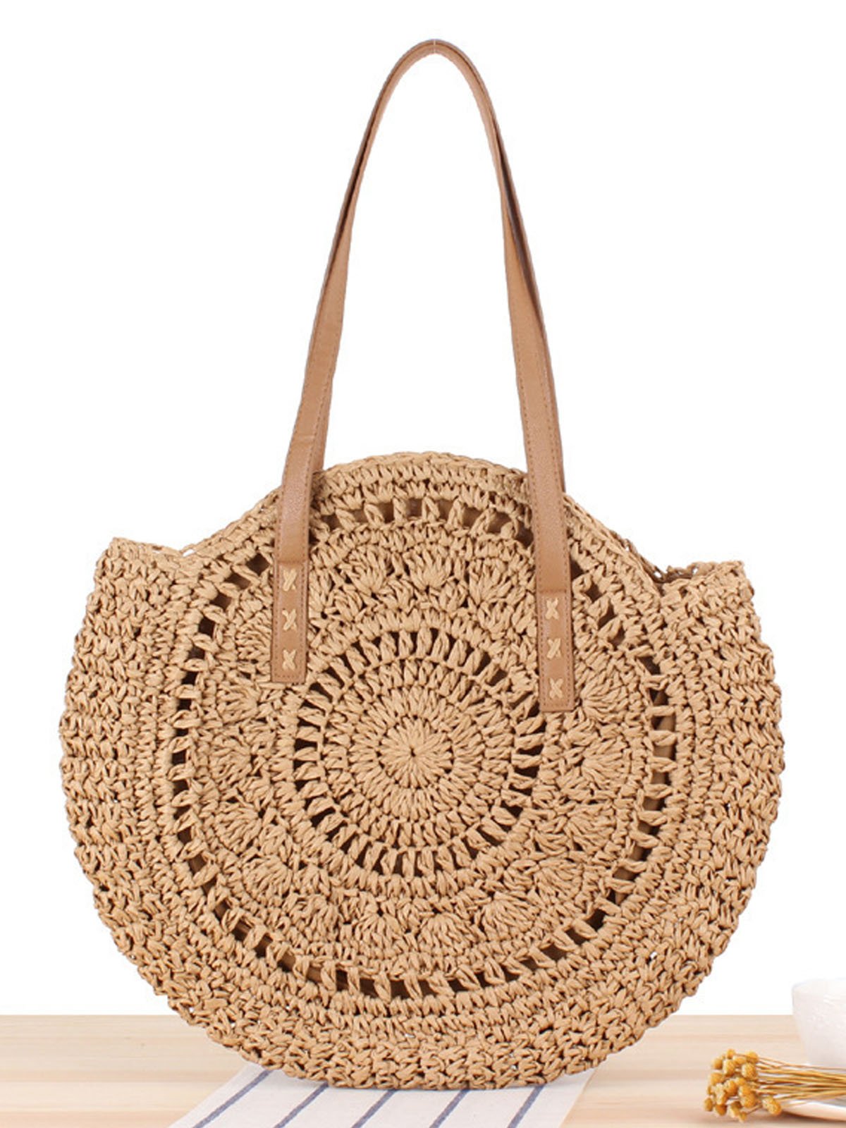 Summer Hollow Design Round Woven Women's Shoulder Straw Beach Bag