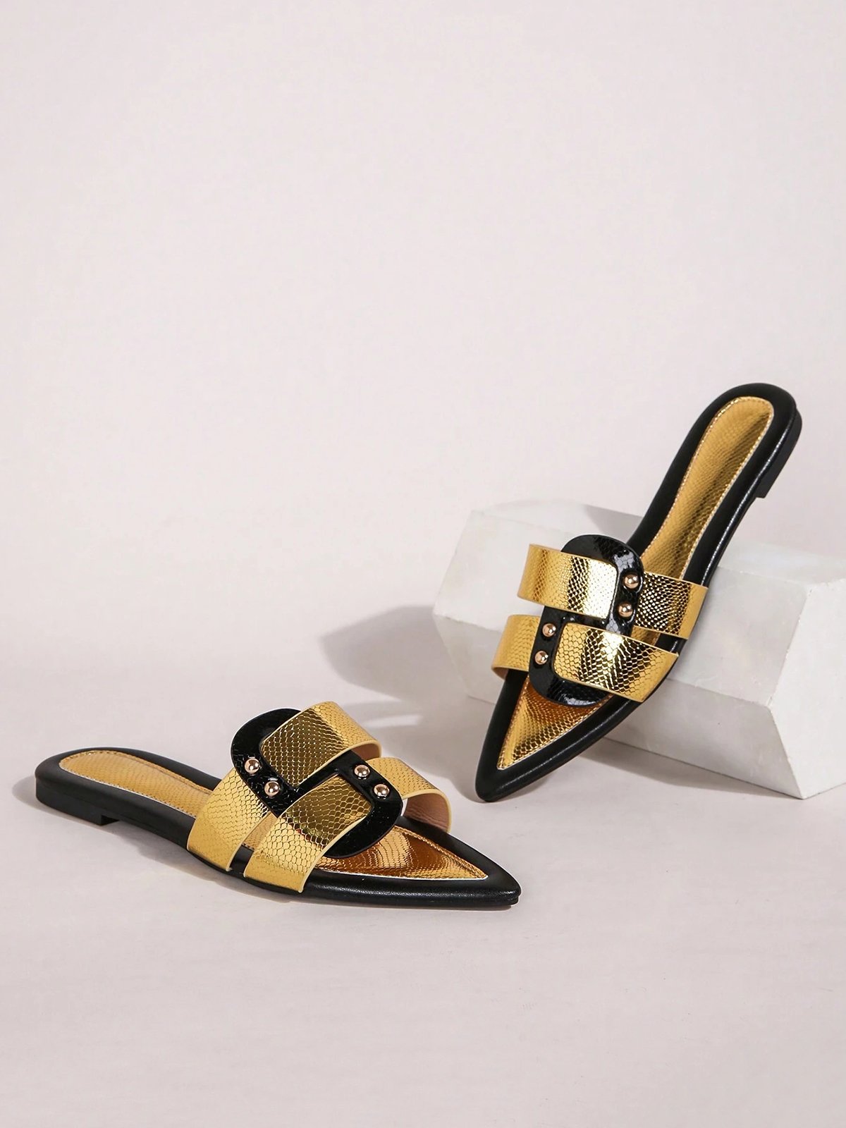 Black-white Color Block Weave Rivet Embossed Slide Sandals