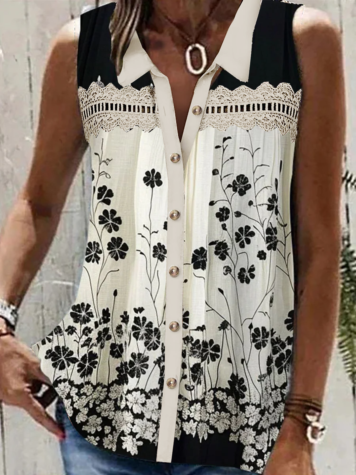 Floral Shirt Collar Casual Lace Tank Top