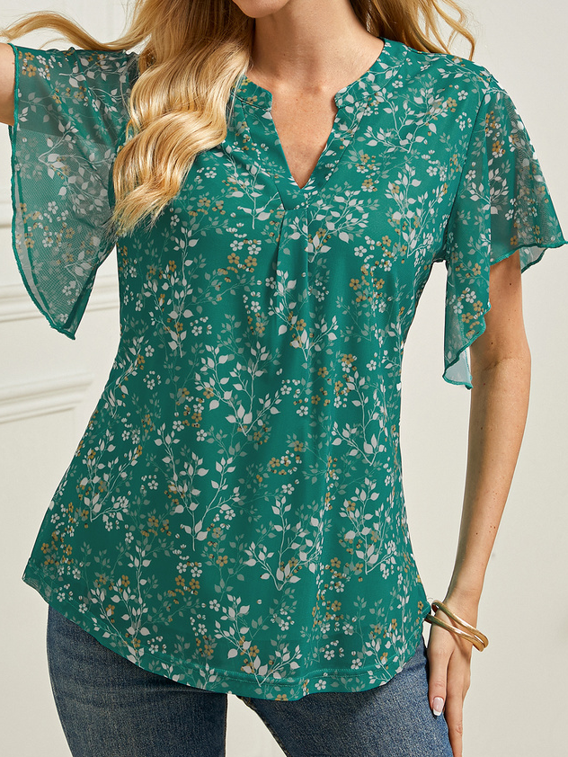 Casual V Neck Floral Loose Shirt