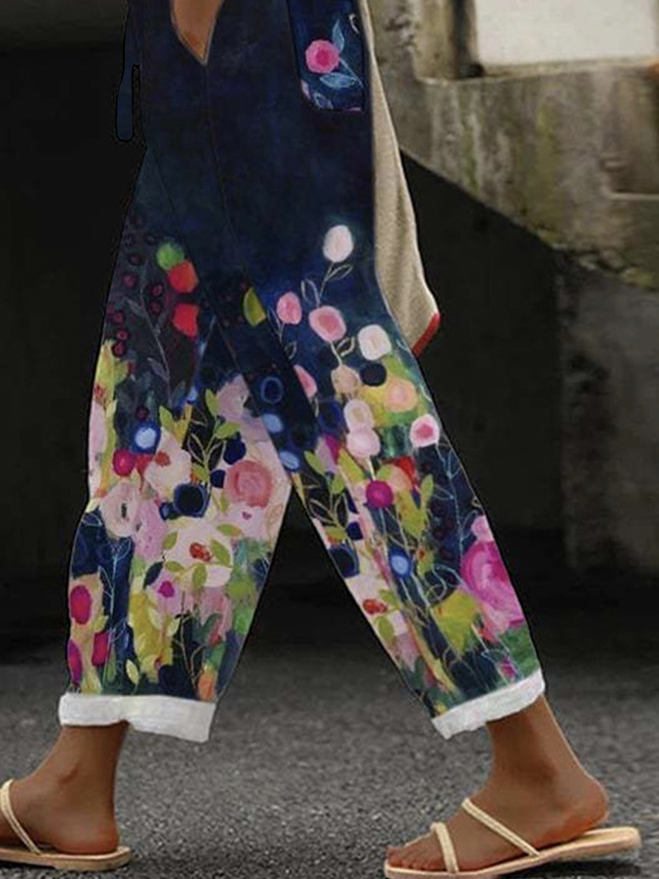 Pocket Stitching Vacation Floral Pants