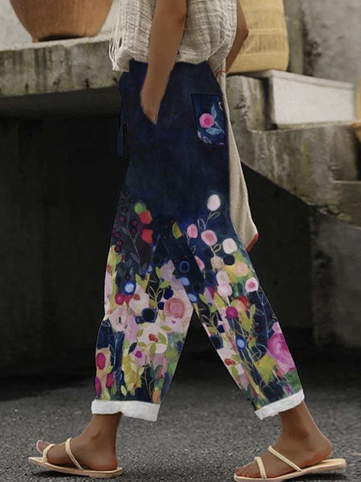 Pocket Stitching Vacation Floral Pants