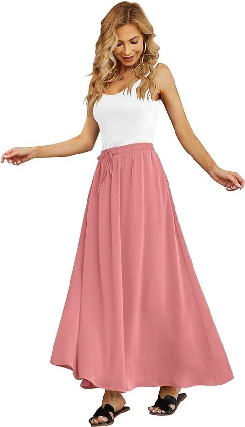 Women's Flowy Maxi Skirt Summer Pleated High Waisted Casual Long Skirts with Pockets