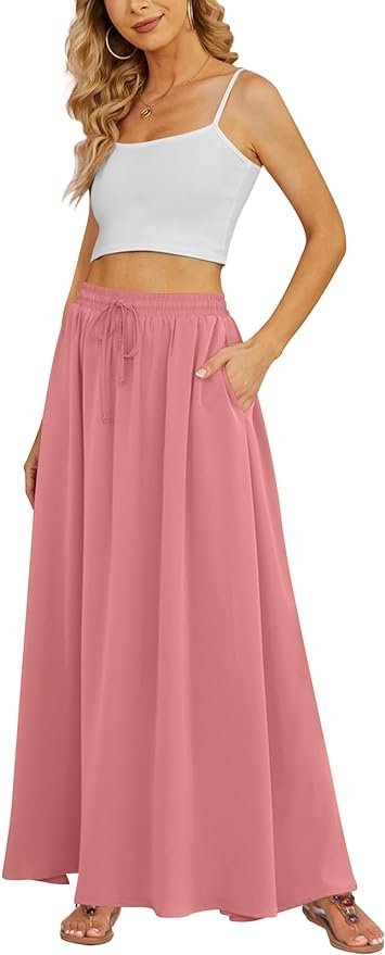 Women's Flowy Maxi Skirt Summer Pleated High Waisted Casual Long Skirts with Pockets