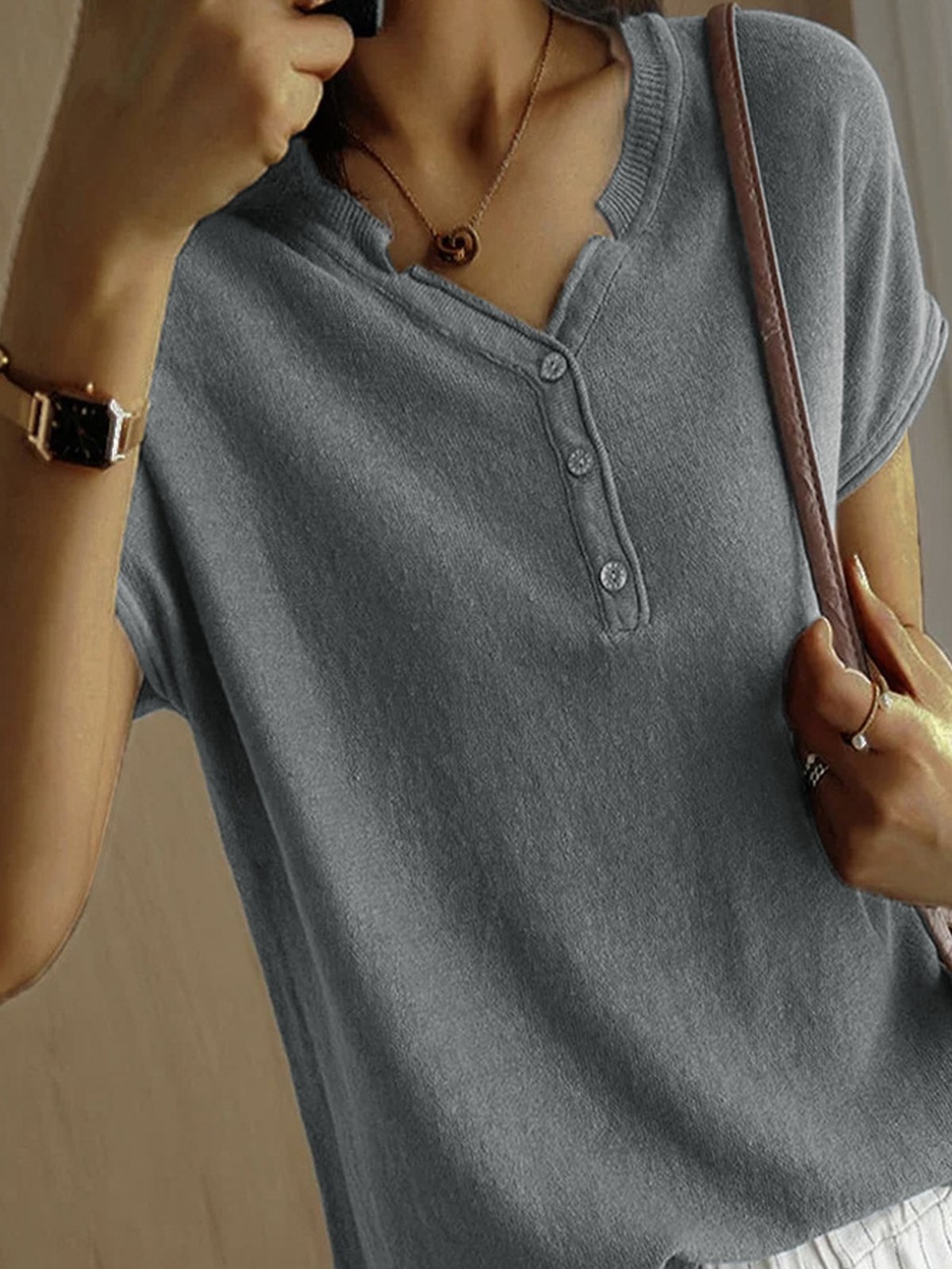 Buckle Loose Casual Plain T-Shirt