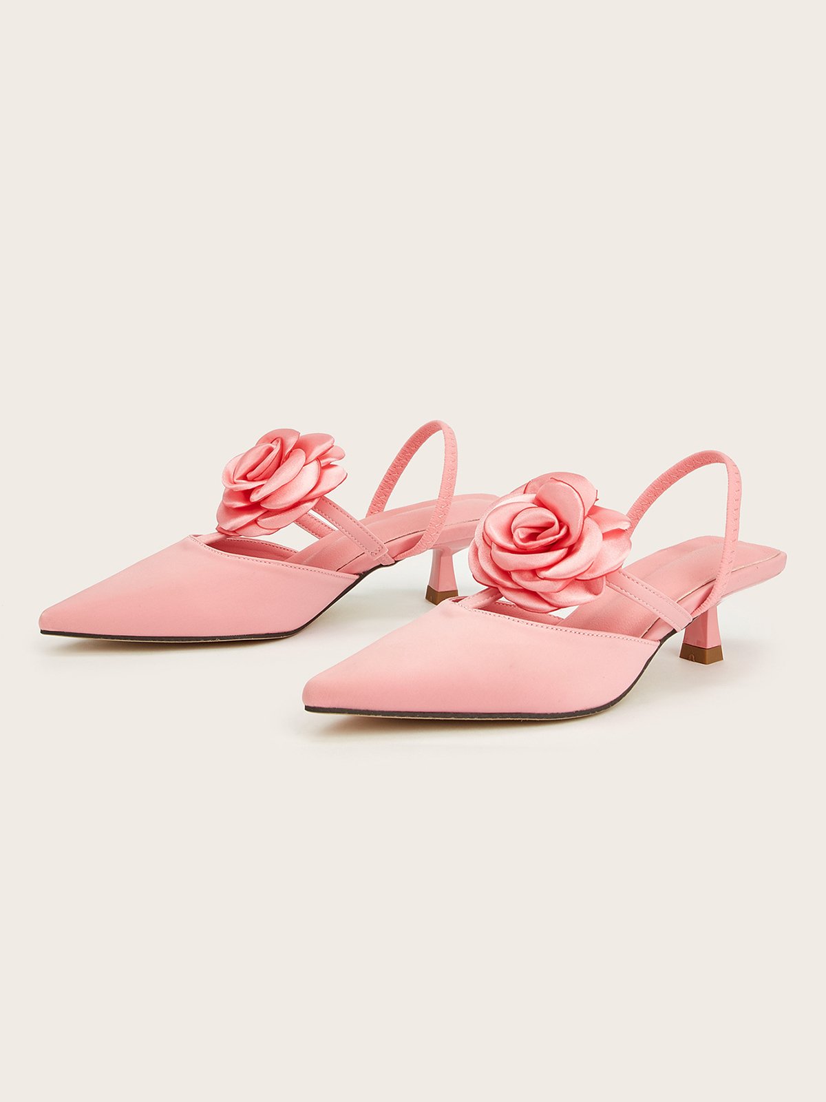 Elegant Rose Satin Kitten Heeled Slingback Pumps