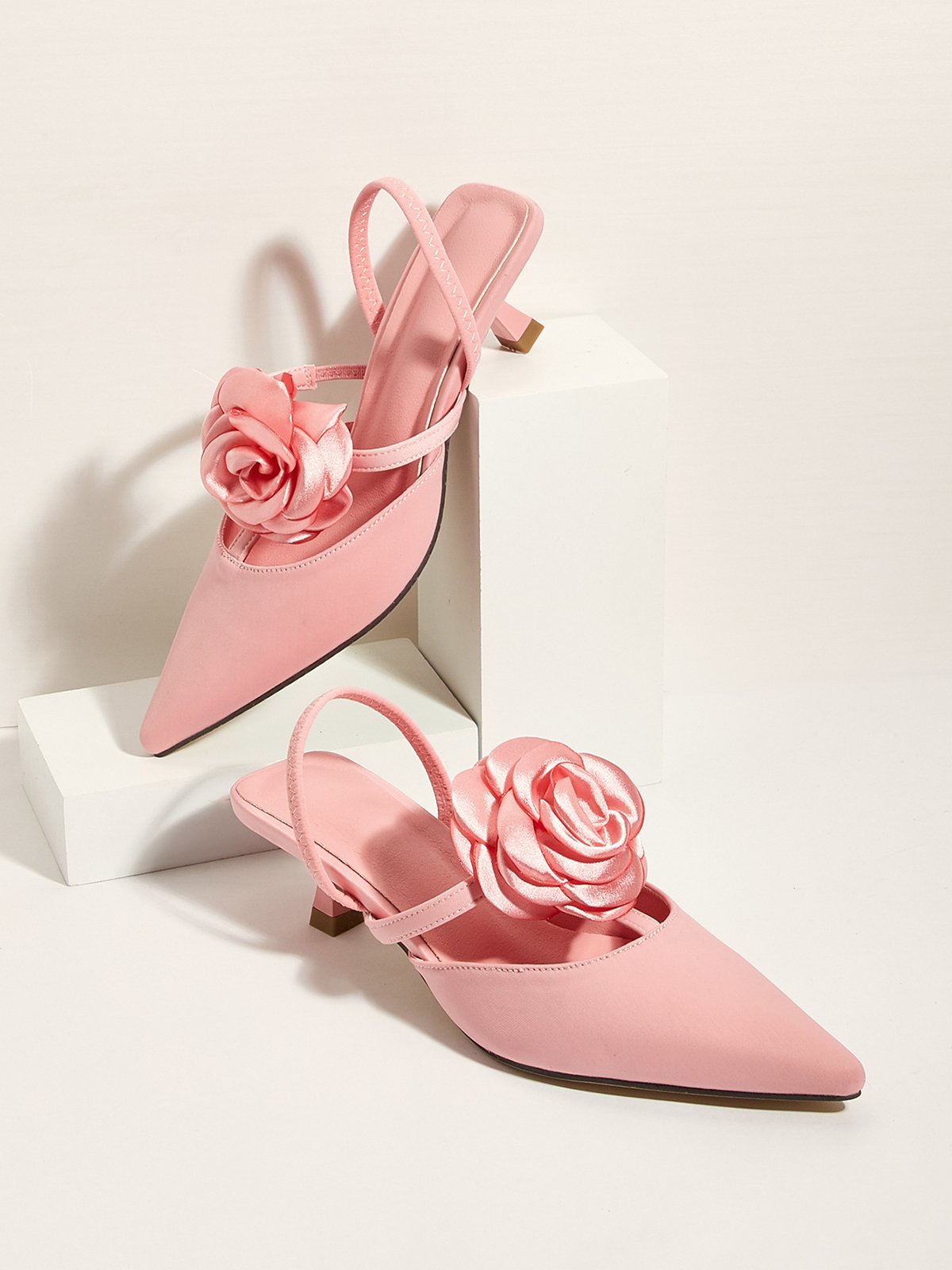 Elegant Rose Satin Kitten Heeled Slingback Pumps