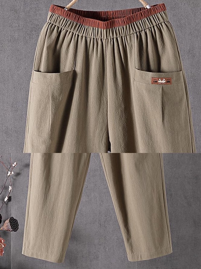 Plain Casual Pocket Stitching Cotton Pants